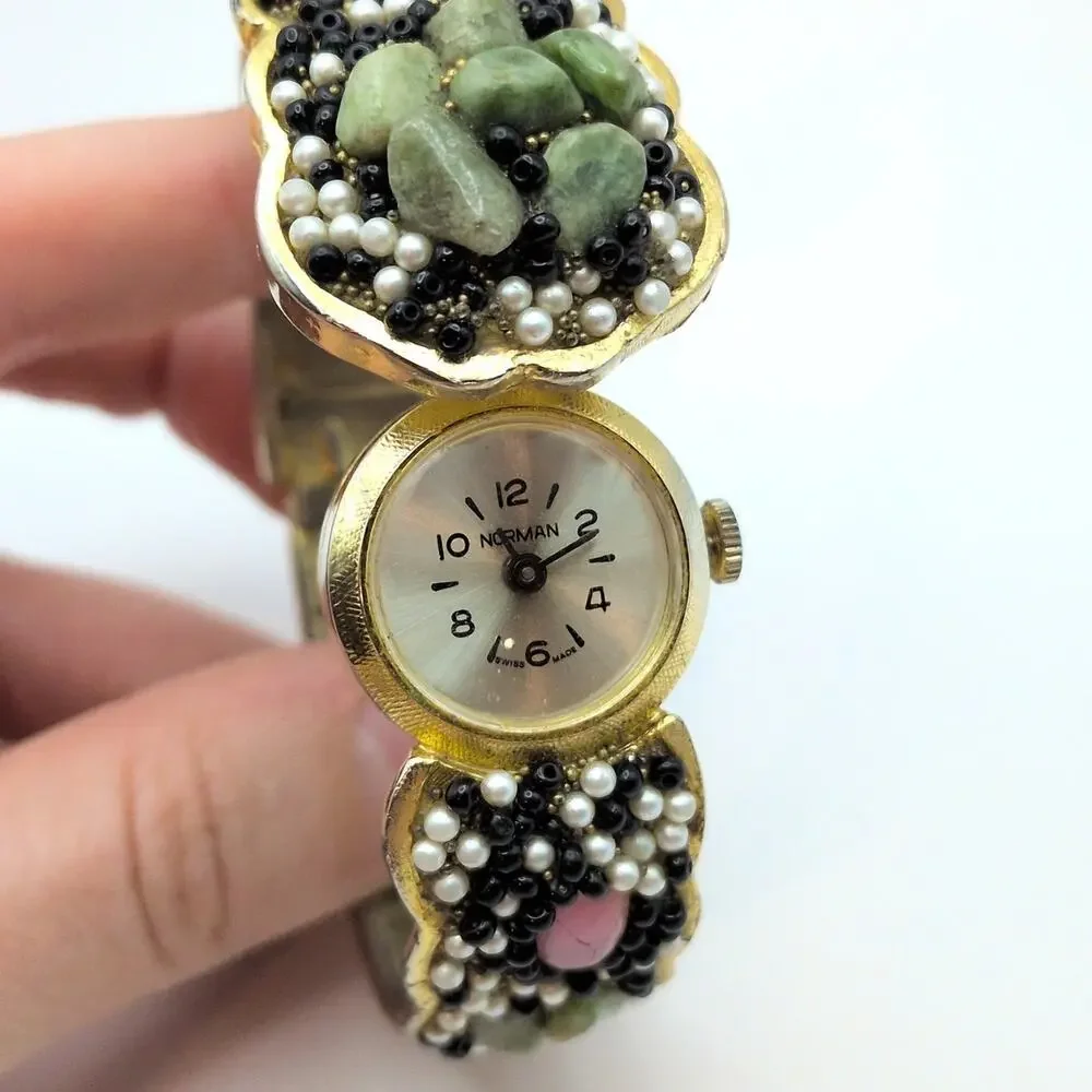 Vintage Norman Hidden Dial Beaded Clamper Bracelet Watch *As Is - Non Working